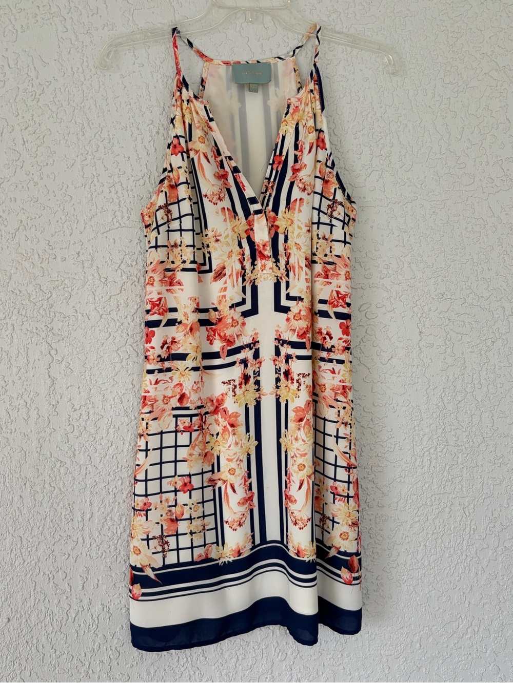 Skies Are Blue White Dress with Navy Grid & Coral Floral Print size S